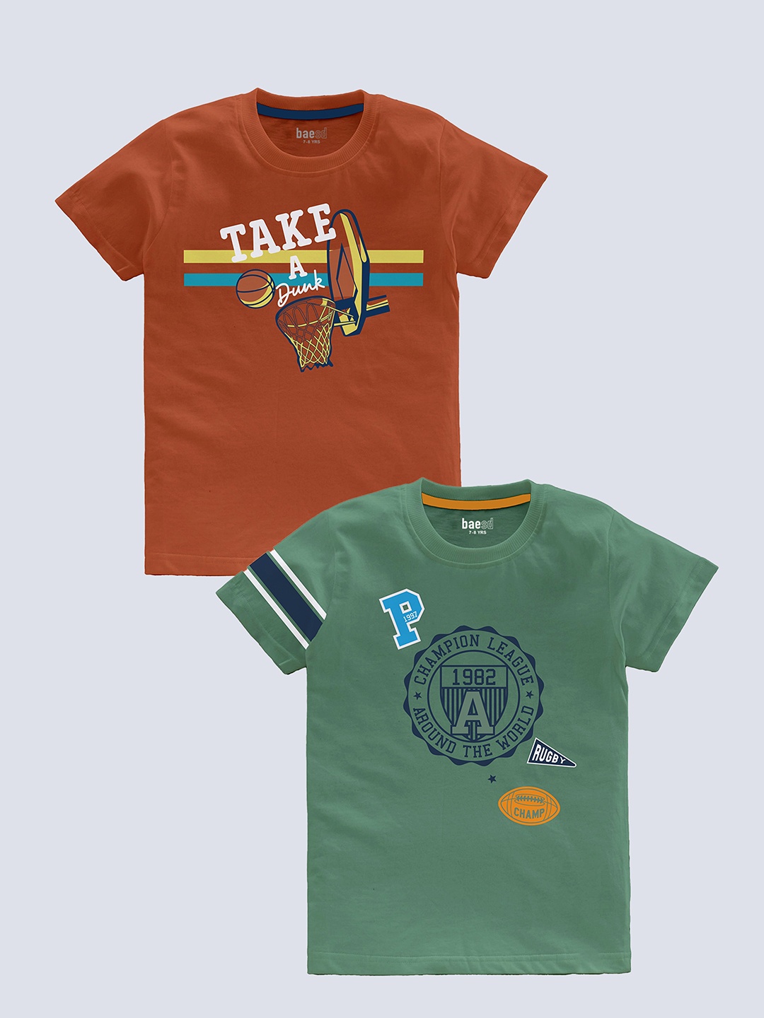 

BAESD Boys Pack Of 2 Typography Printed Pure Cotton T-shirt, Rust