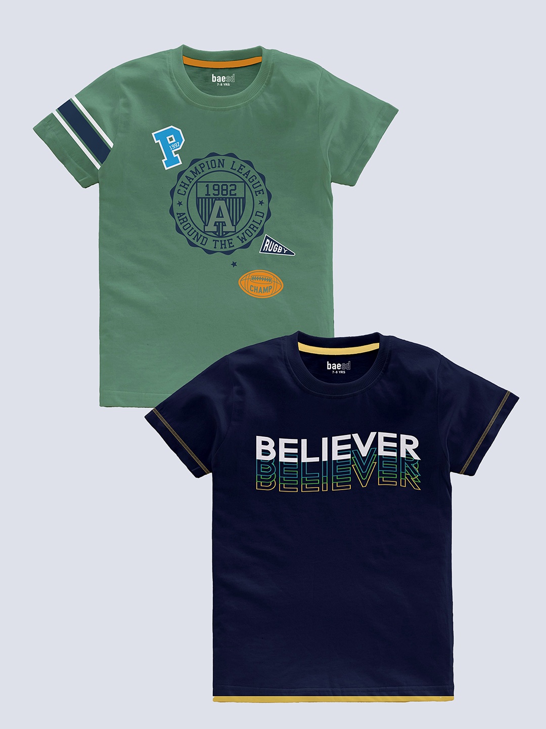 

BAESD Boys Pack Of 2 Typography Printed Pure Cotton T-shirt, Green