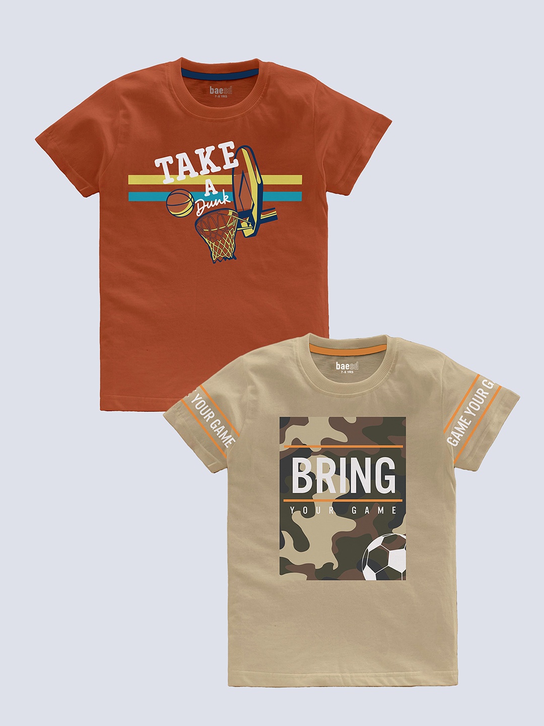 

BAESD Boys Pack Of 2 Typography Printed Pure Cotton T-shirt, Rust