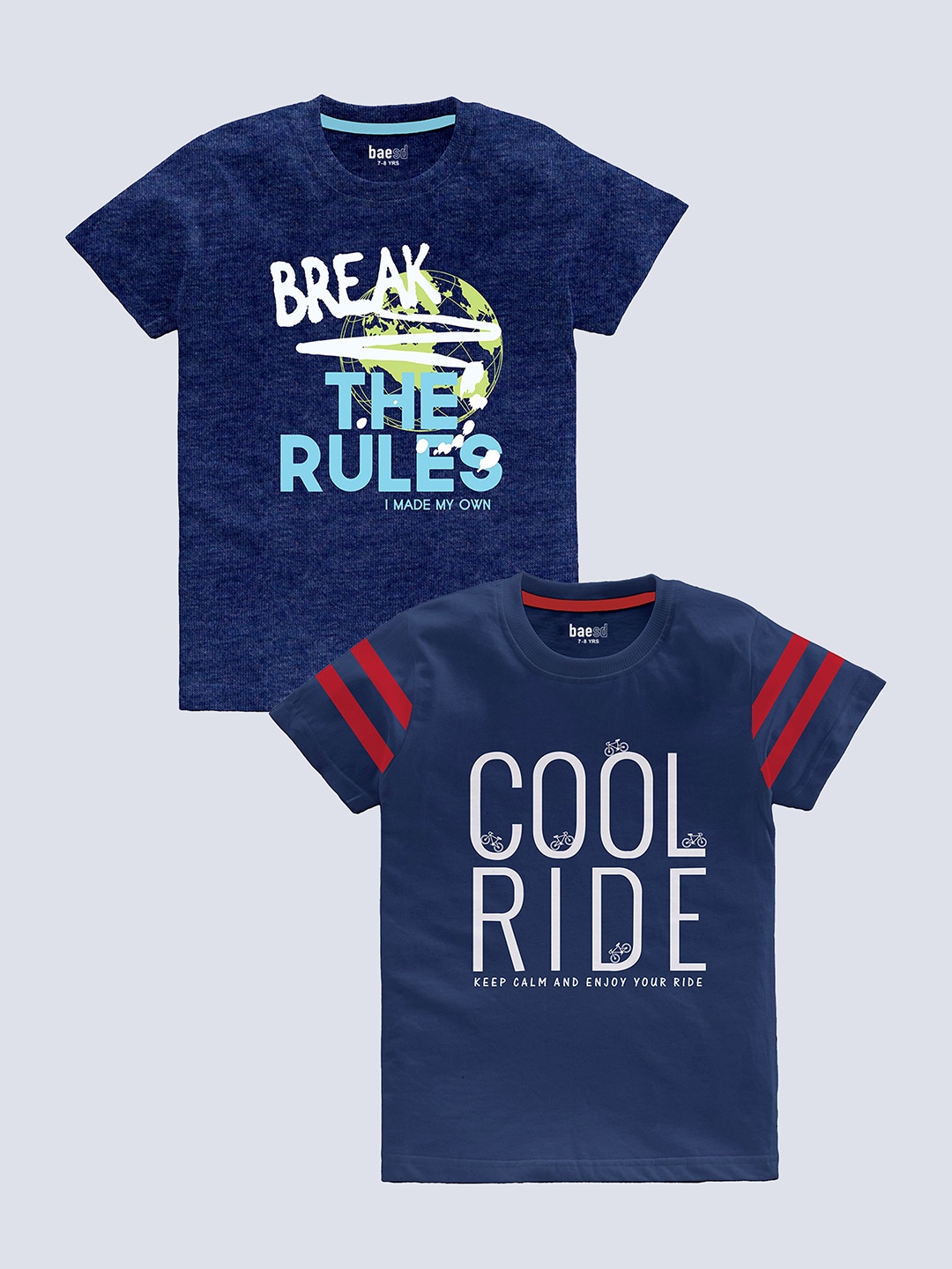 

BAESD Boys Pack Of 2 Typography Printed Pure Cotton T-shirt, Blue