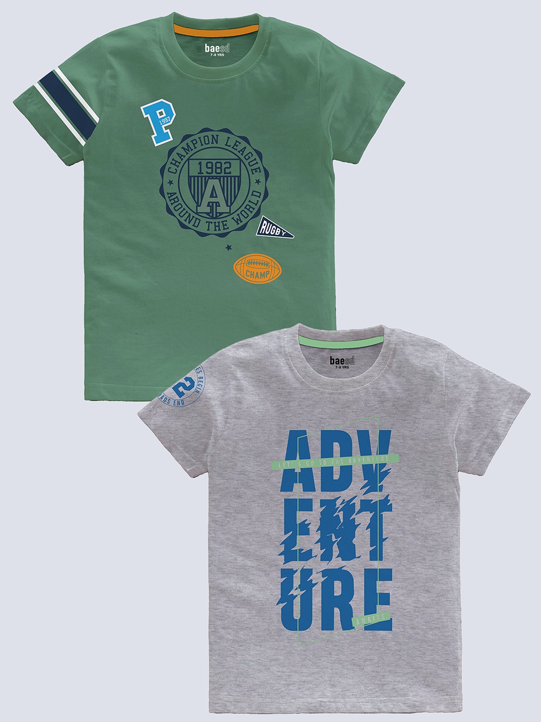 BAESD Boys Pack Of 2 Typography Printed Pure Cotton T-shirt, Green