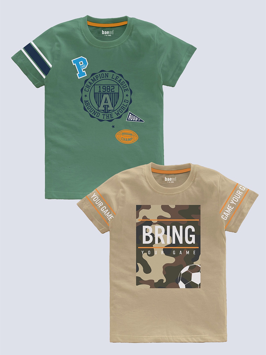 

BAESD Boys Pack Of 2 Typography Printed Pure Cotton T-shirt, Green