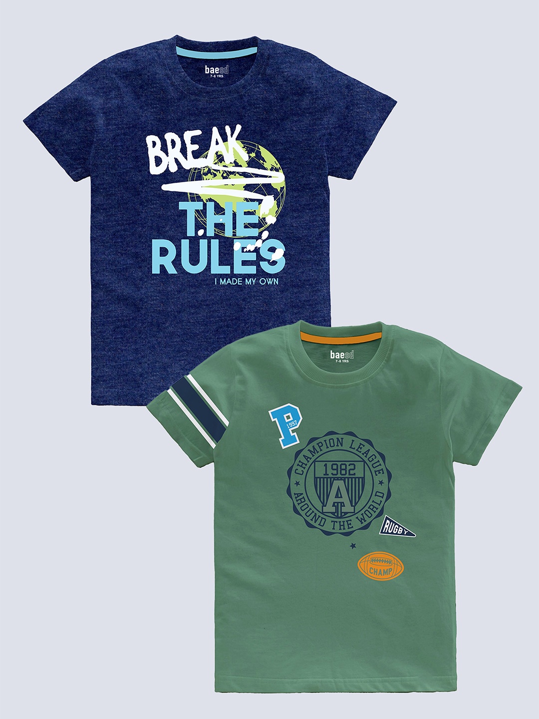 

BAESD Boys Pack Of 2 Typography Printed Pure Cotton T-shirt, Green