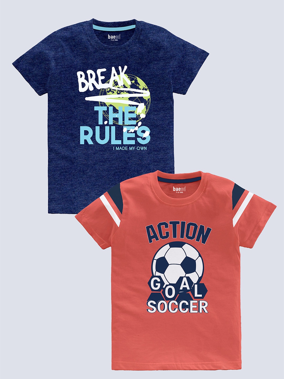 BAESD Boys Pack Of 2 Typography Printed Pure Cotton T-shirt, Blue