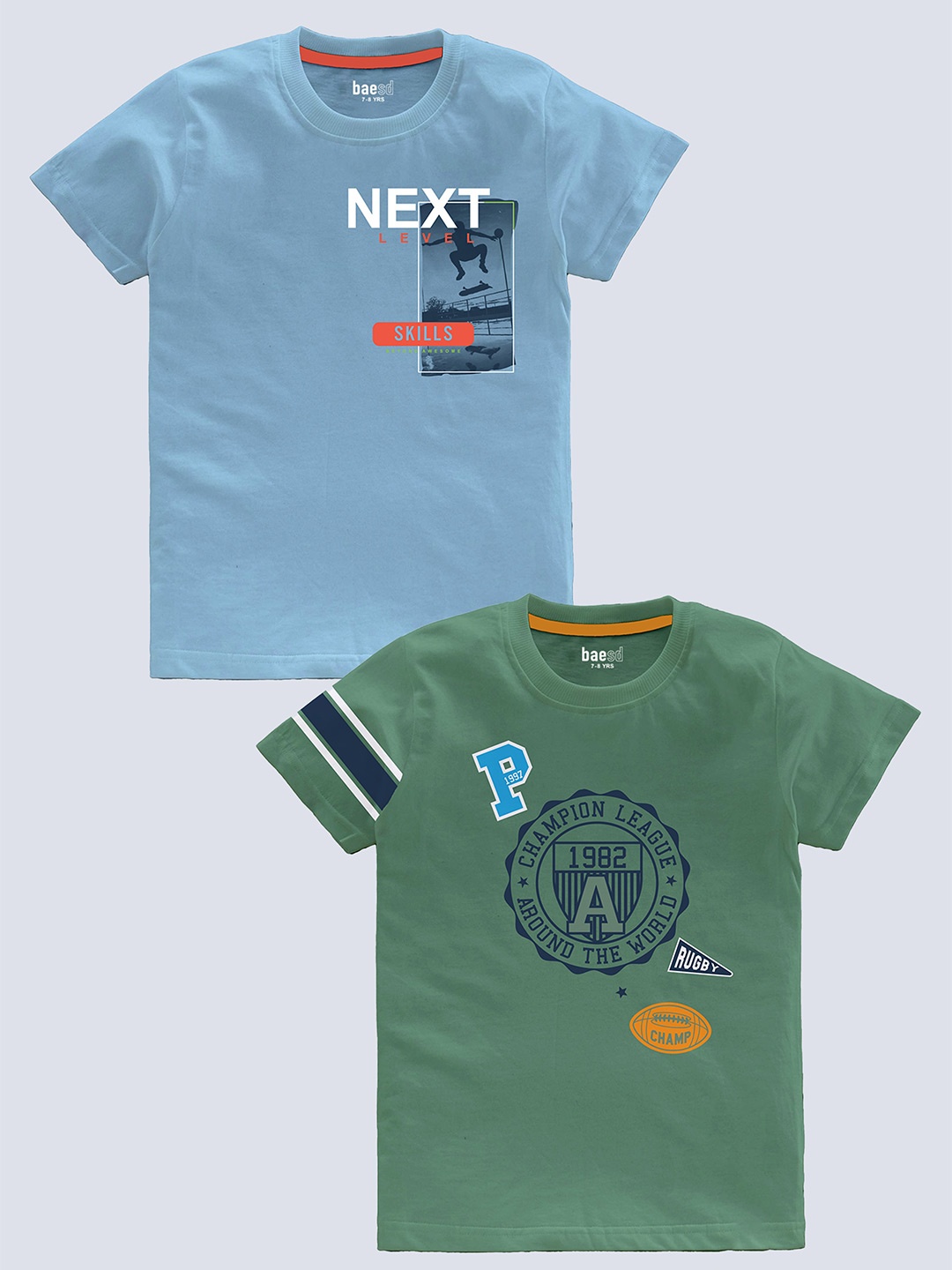 

BAESD Boys Pack Of 2 Typography Printed Cotton T-shirt, Blue