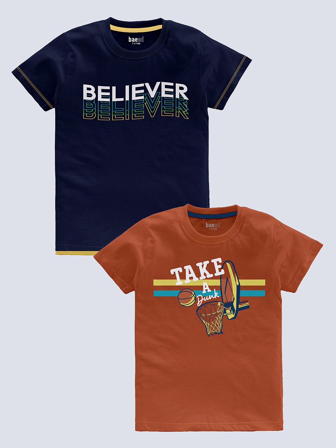 BAESD Boys Pack Of 2 Typography Printed Cotton T-shirt, Navy blue