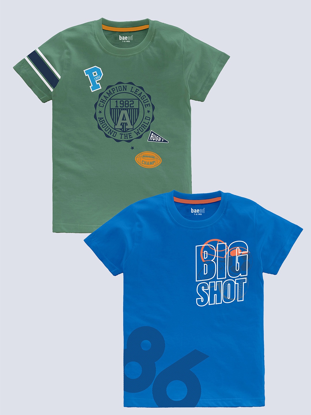 

BAESD Boys Pack Of 2 Typography Printed Cotton T-shirt, Green