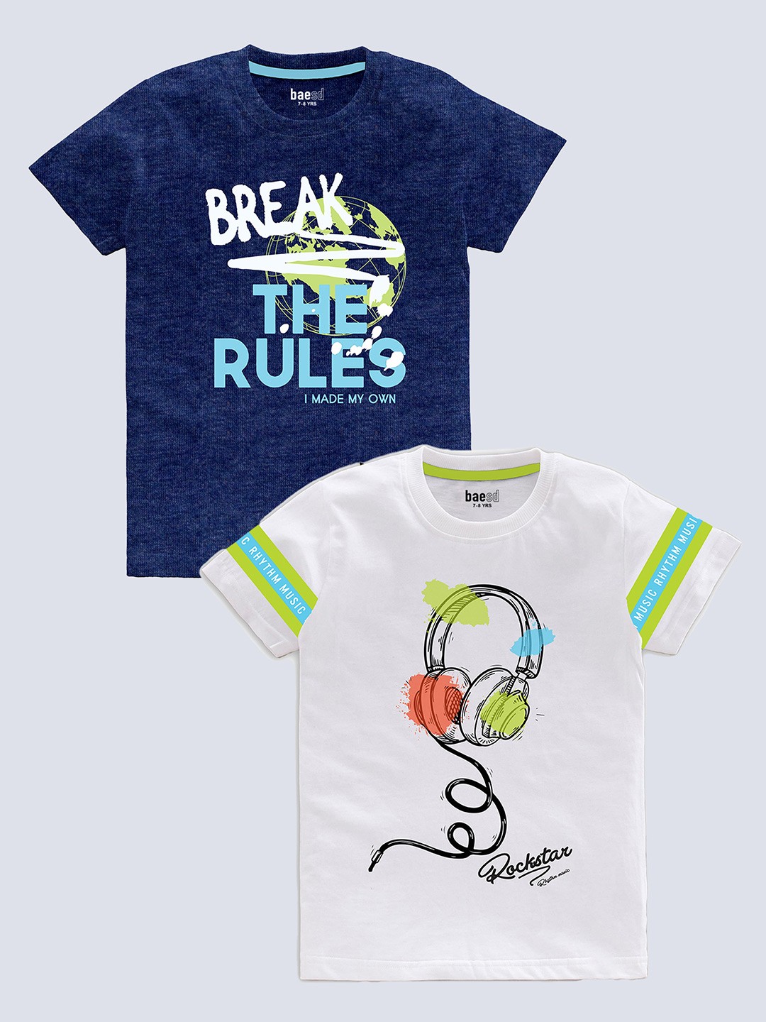 

BAESD Boys Pack of 2 Printed Round Neck Short Sleeves Pure Cotton T-shirt, Blue