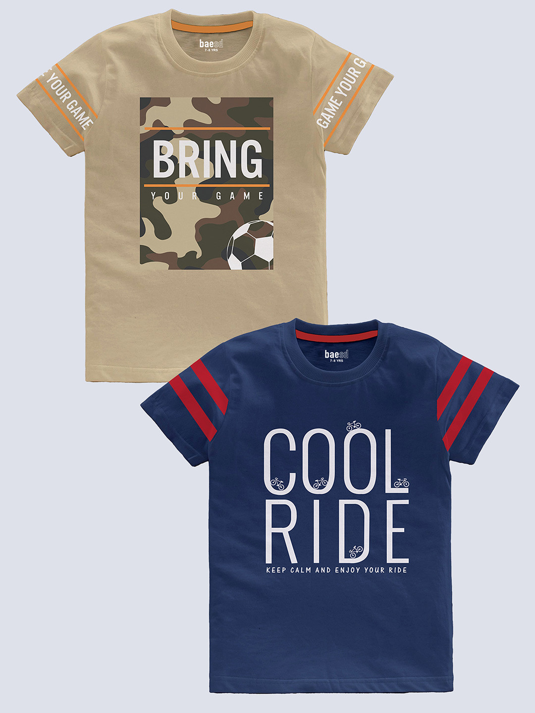 

BAESD Boys Pack of 2 Typography Printed Round Neck Short Sleeves Pure Cotton T-shirt, Khaki