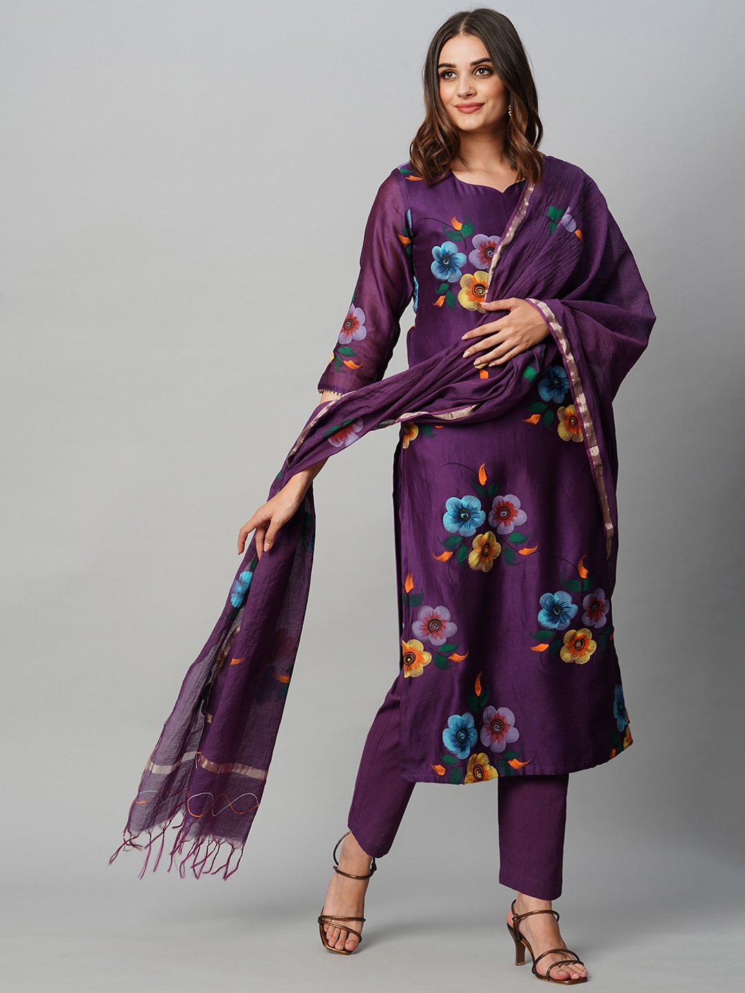 

KALINI Floral Printed Sweetheart Neck Kurta With Trousers & Dupatta, Violet