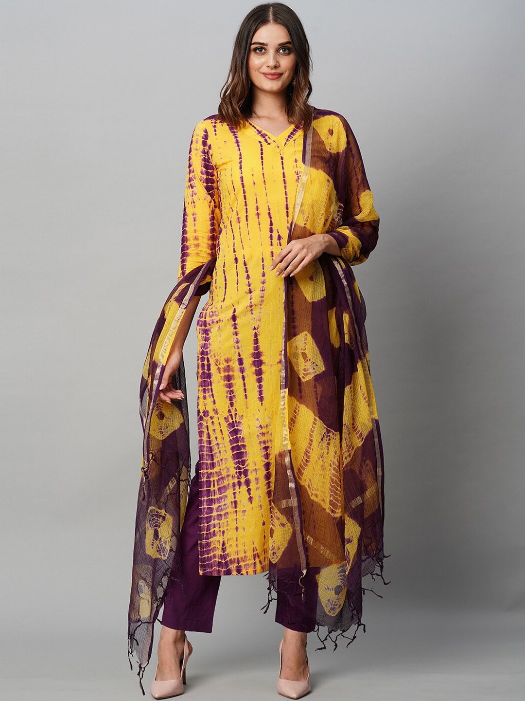 

KALINI Tie & Dyed Regular Kurta with Trousers & With Dupatta, Yellow
