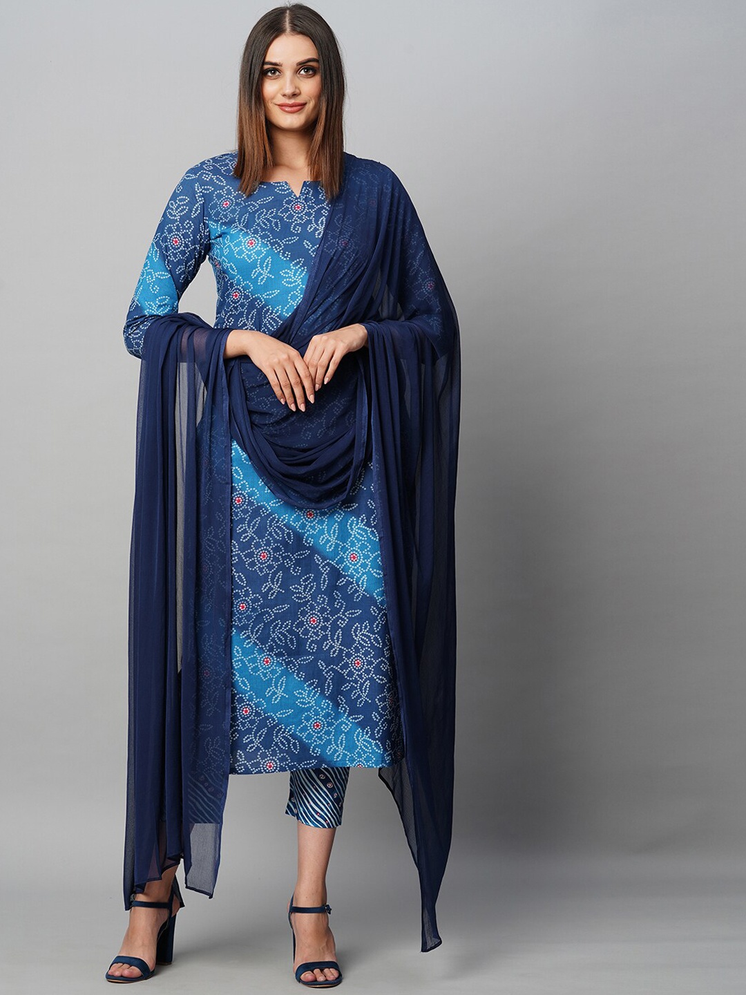 

KALINI Bandhani Printed Straight Kurta With Trousers & Dupatta, Blue