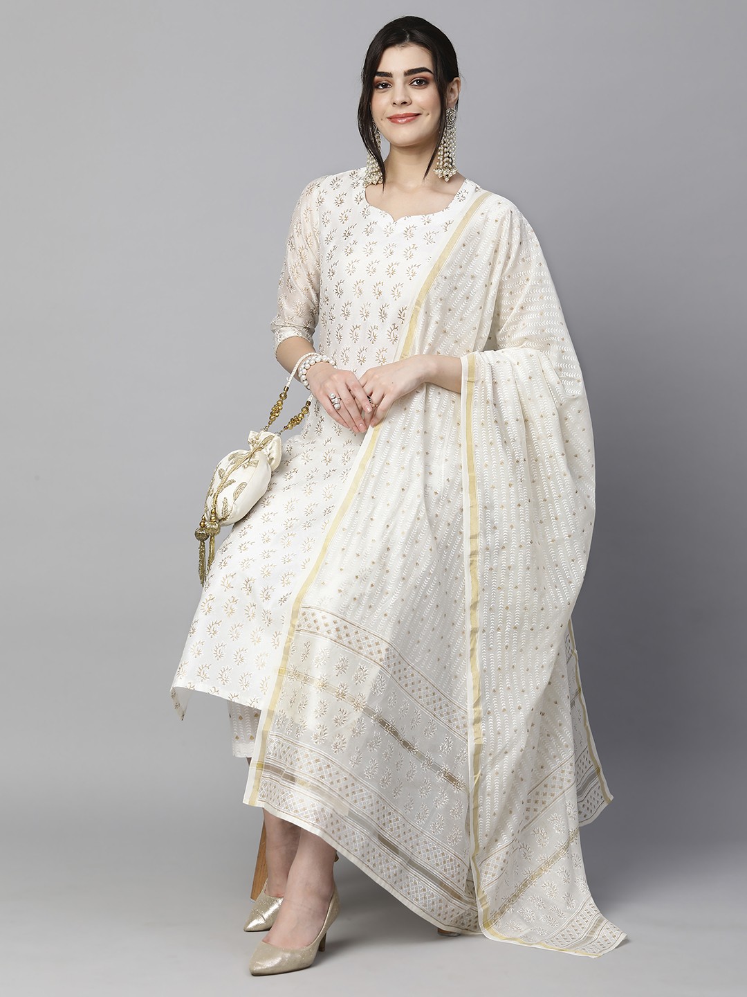 

KALINI Ethnic Motifs Printed Regular Kurta with Trousers & With Dupatta, Cream