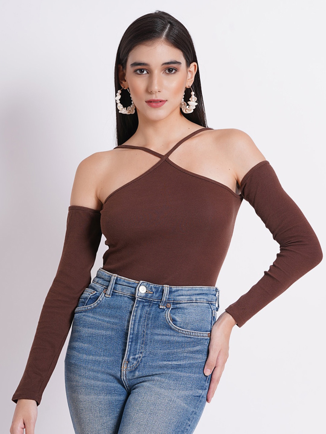 

SIGHTBOMB Halter Neck Fitted Cotton Top, Brown