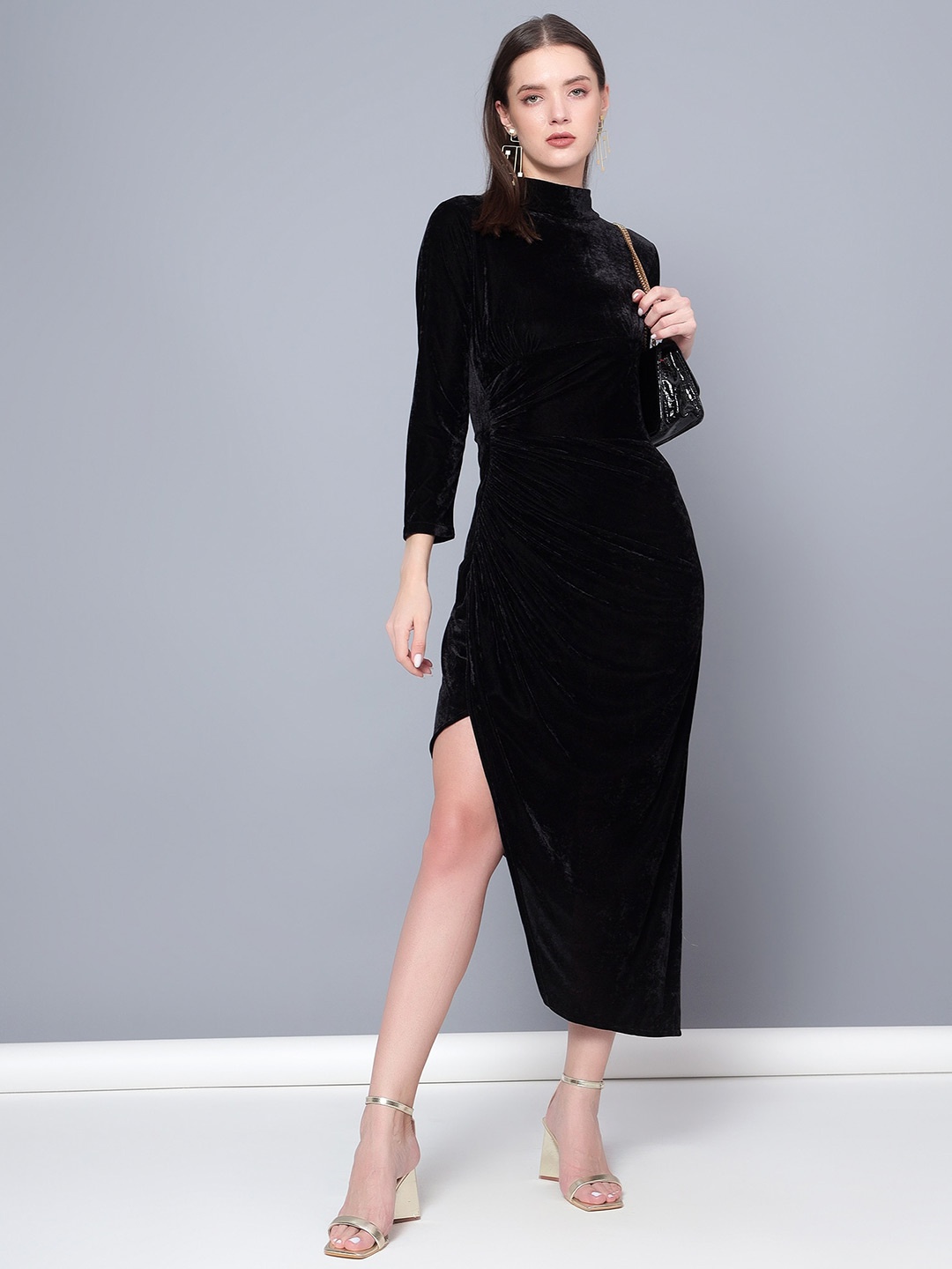 

Golden Kite High Neck Gathered Detail Velvet Sheath Dress, Black