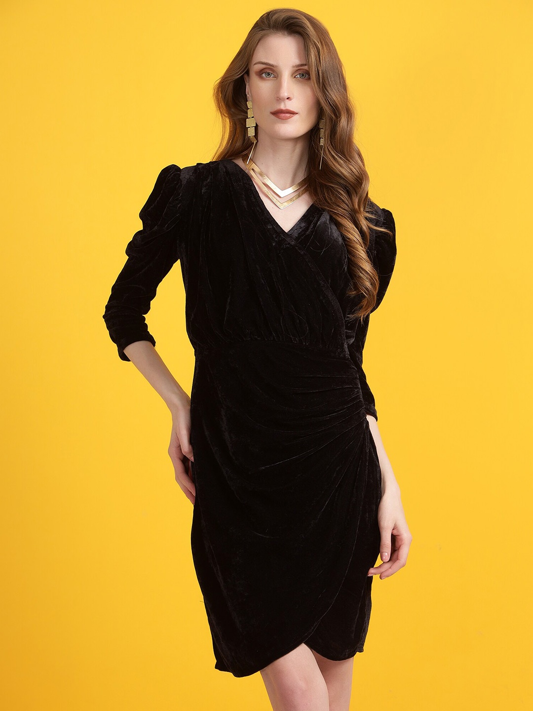 

Golden Kite V-Neck Puff Sleeves Gathered Detail Velvet Sheath Dress, Black