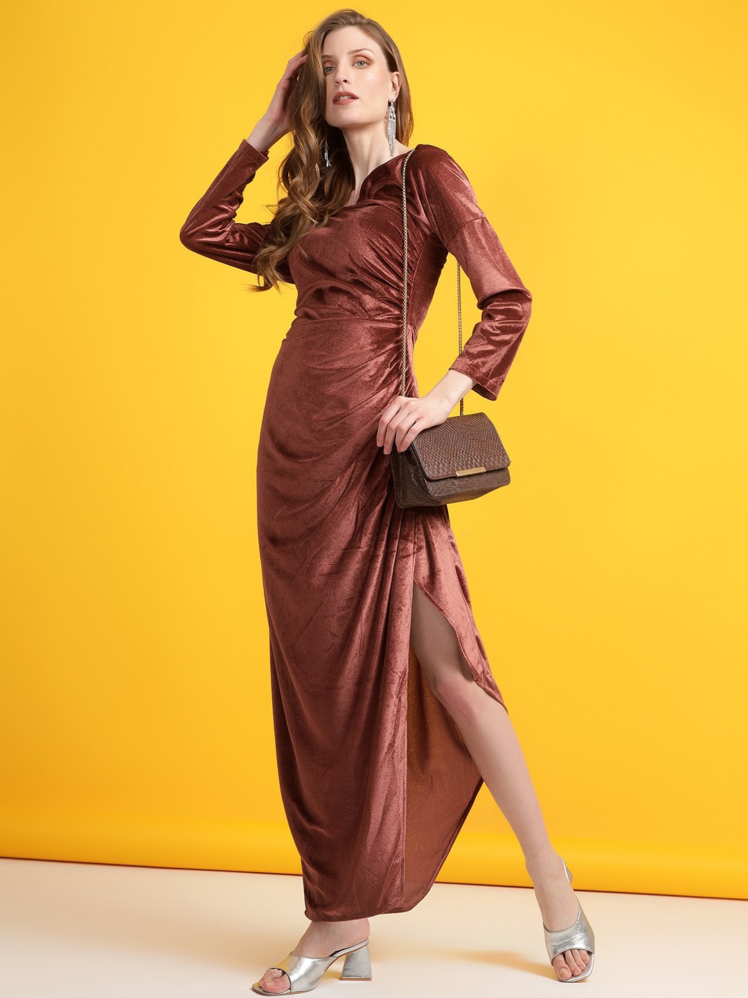 

Golden Kite V-Neck Gathered Detail Velvet Maxi Dress, Brown