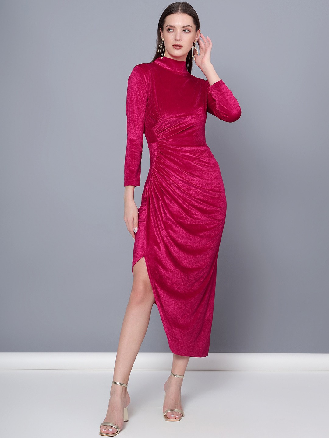

Golden Kite High Neck Gathered Detail Velvet Sheath Dress, Fuchsia
