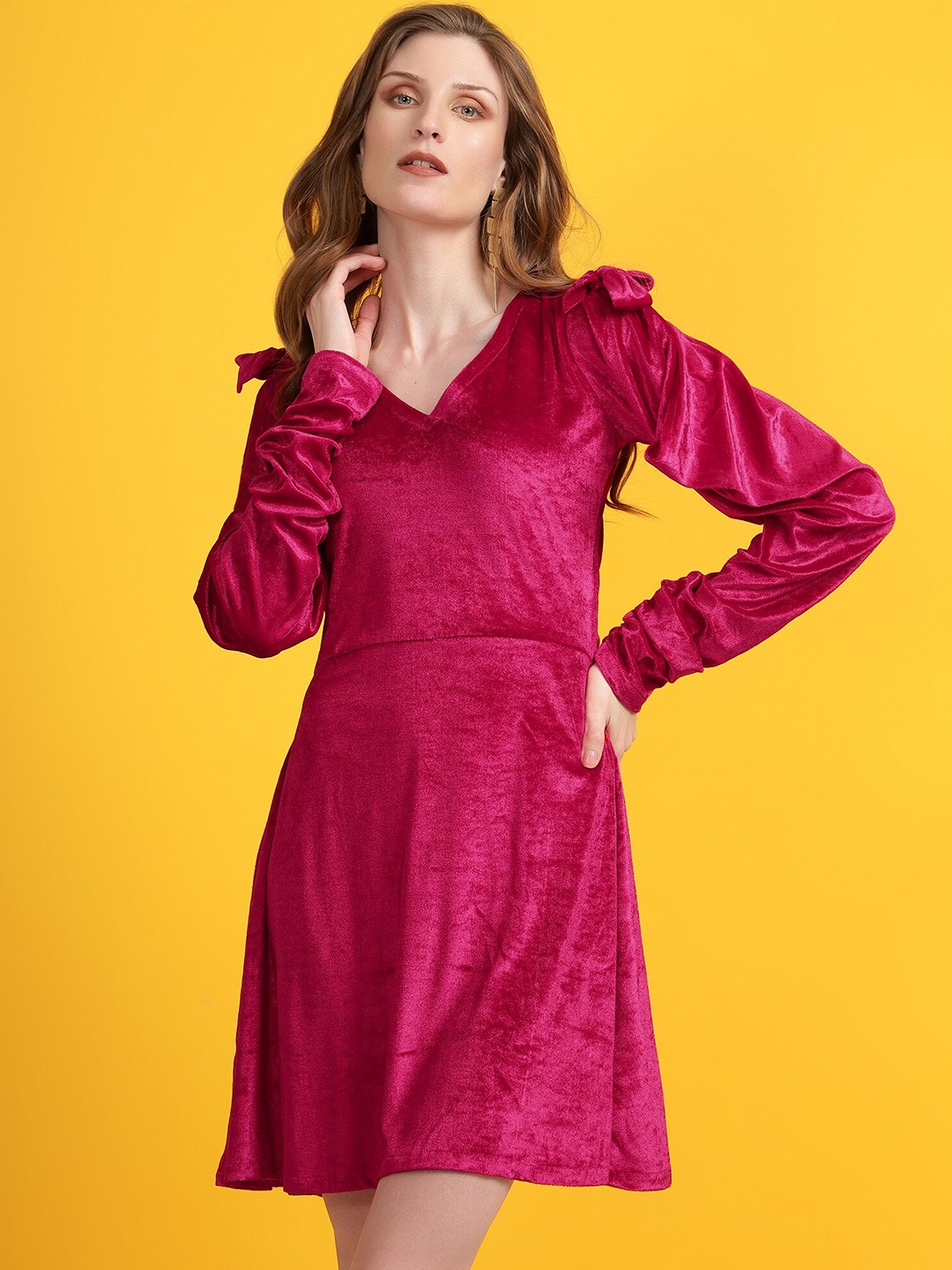 

Golden Kite V-Neck Cold-Shoulder Sleeves Tie-Ups Detail Velvet A-Line Dress, Fuchsia