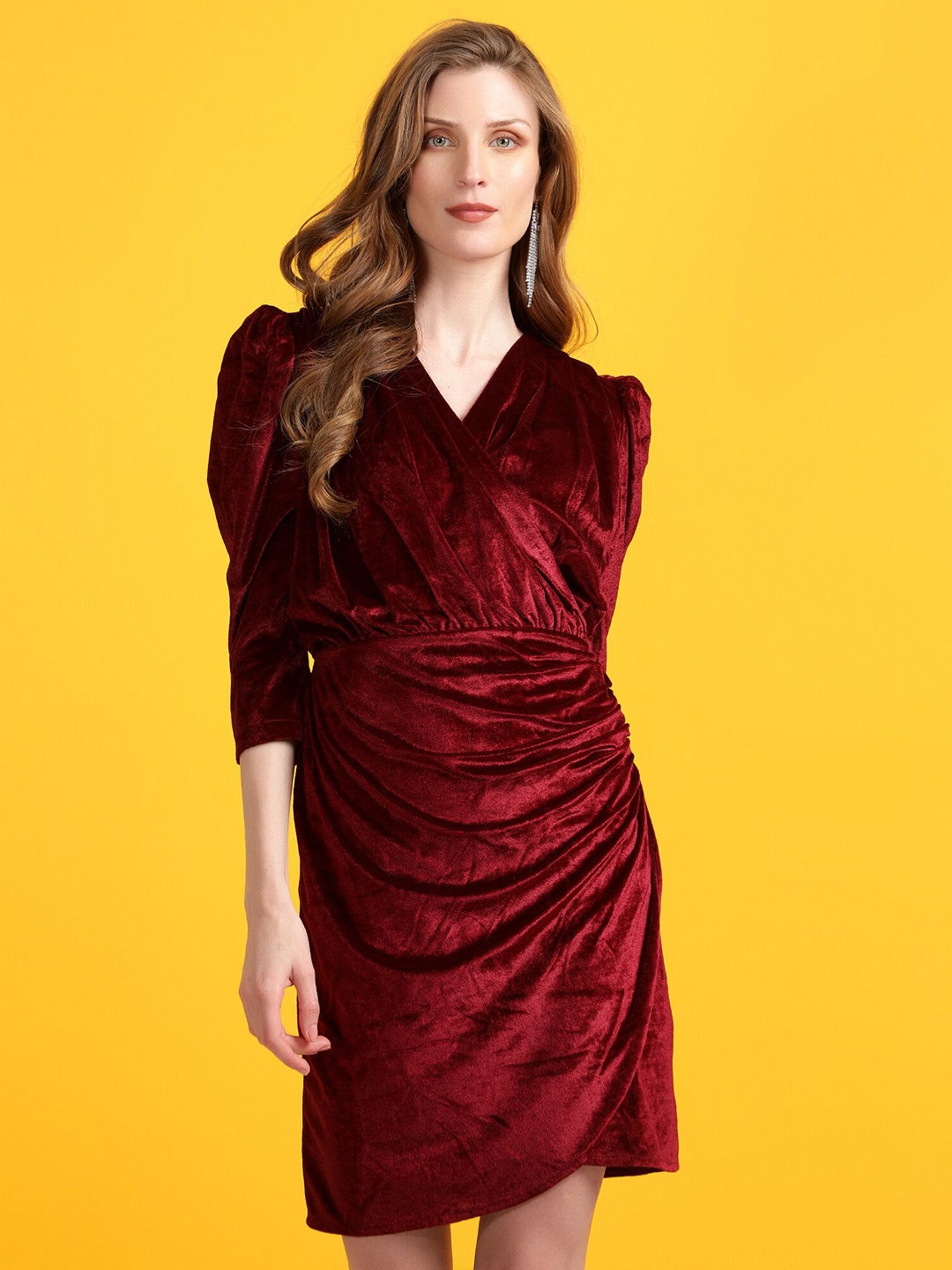 

Golden Kite V-Neck Puff Sleeves Gathered Detail Velvet Sheath Dress, Maroon