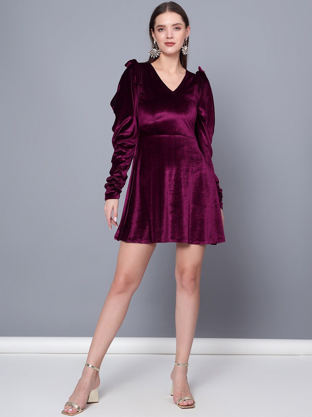 

Golden Kite V- Neck Puff Sleeve Velvet A-Line Dress, Violet