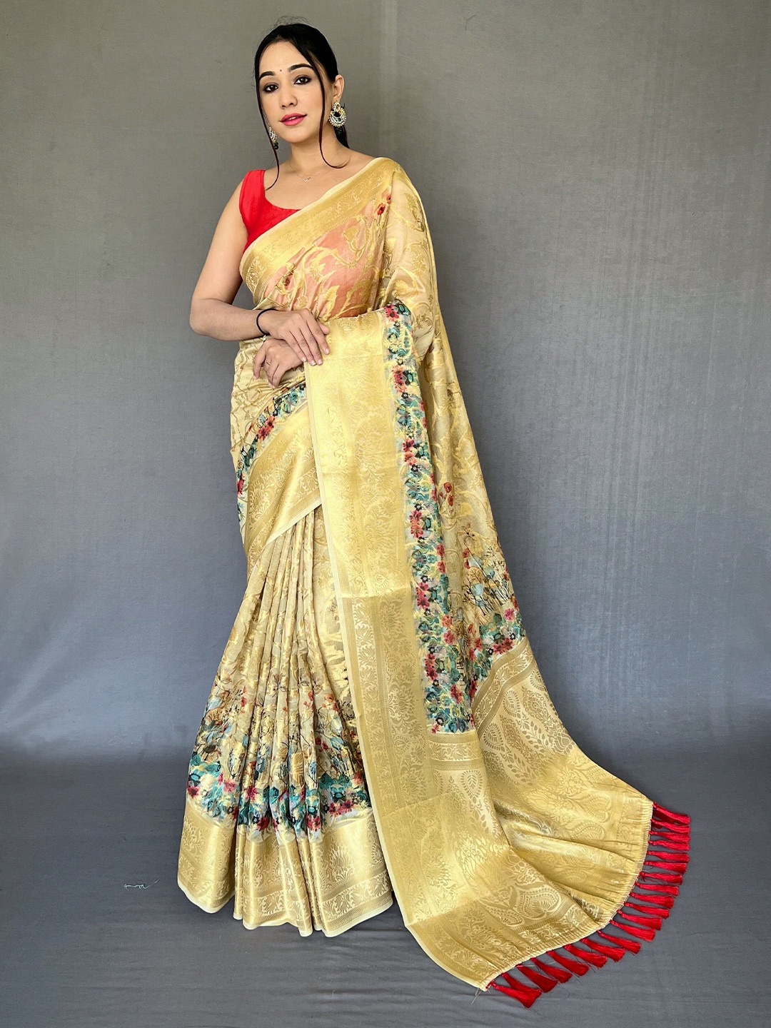 

Munir Woven Design Zari Organza Saree, Yellow