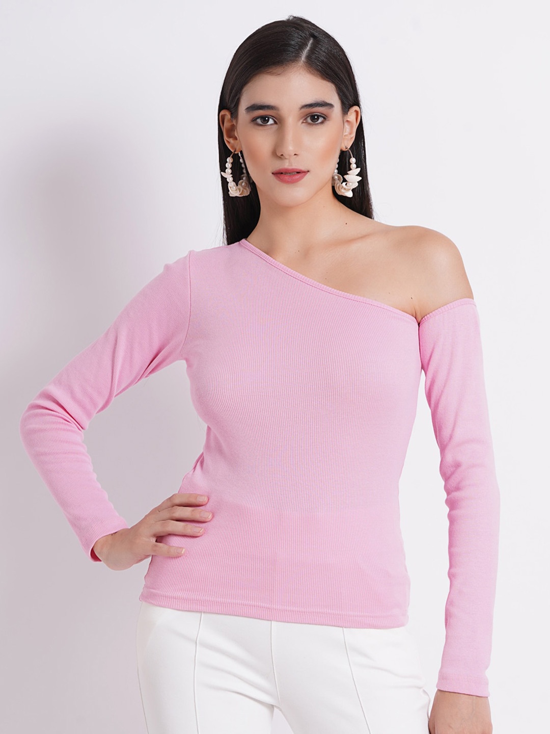 

SIGHTBOMB Ribbed One Shoulder Cotton Top, Pink