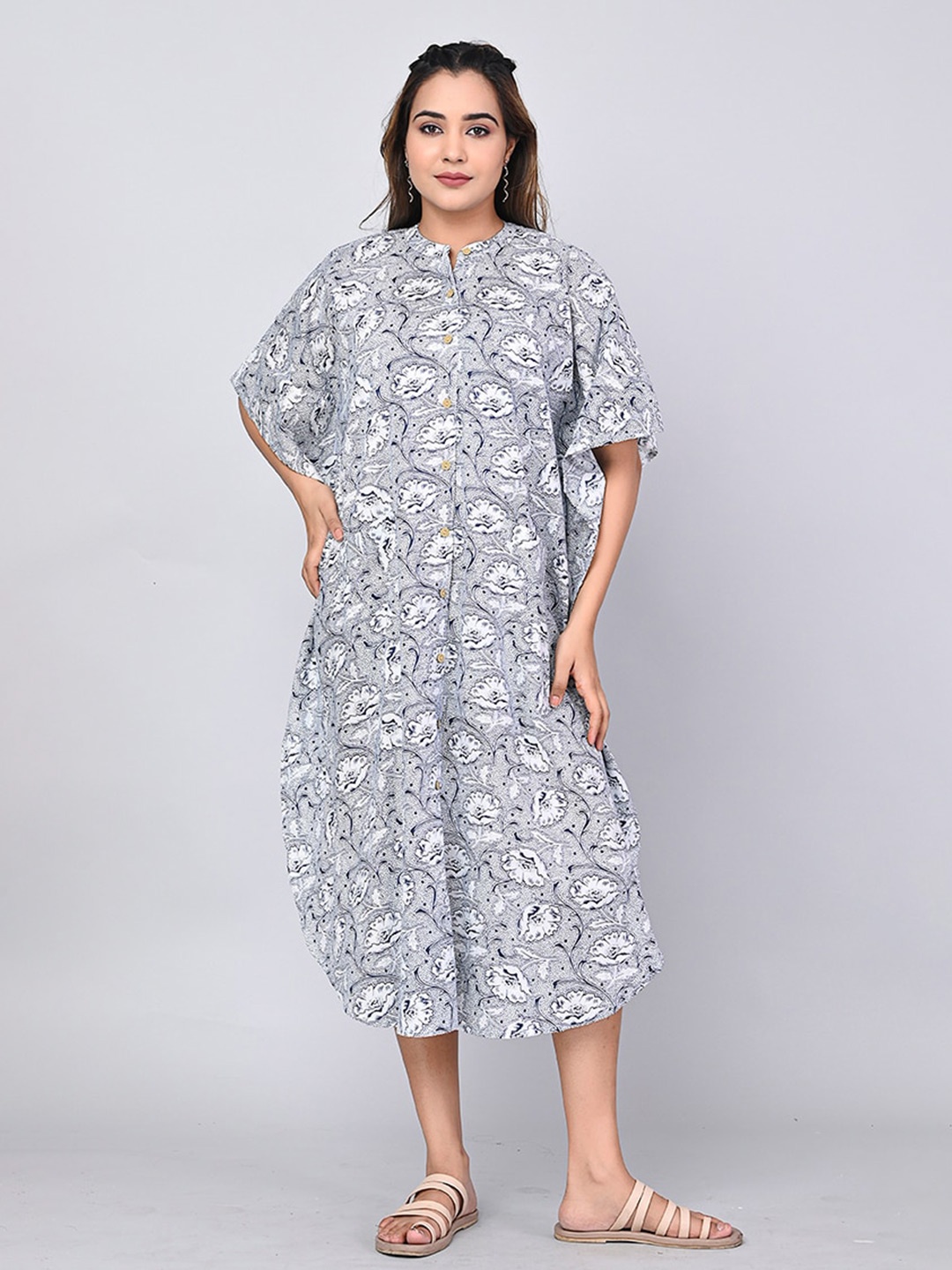 

SHOOLIN Floral Printed Extended Sleeves Cotton Kaftan Midi Dress, Blue