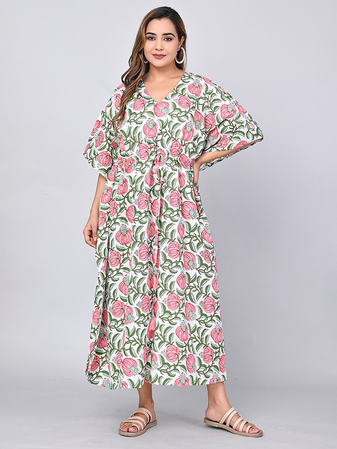 

SHOOLIN Floral Printed Extended Sleeves Cotton Kaftan Midi Dress, White