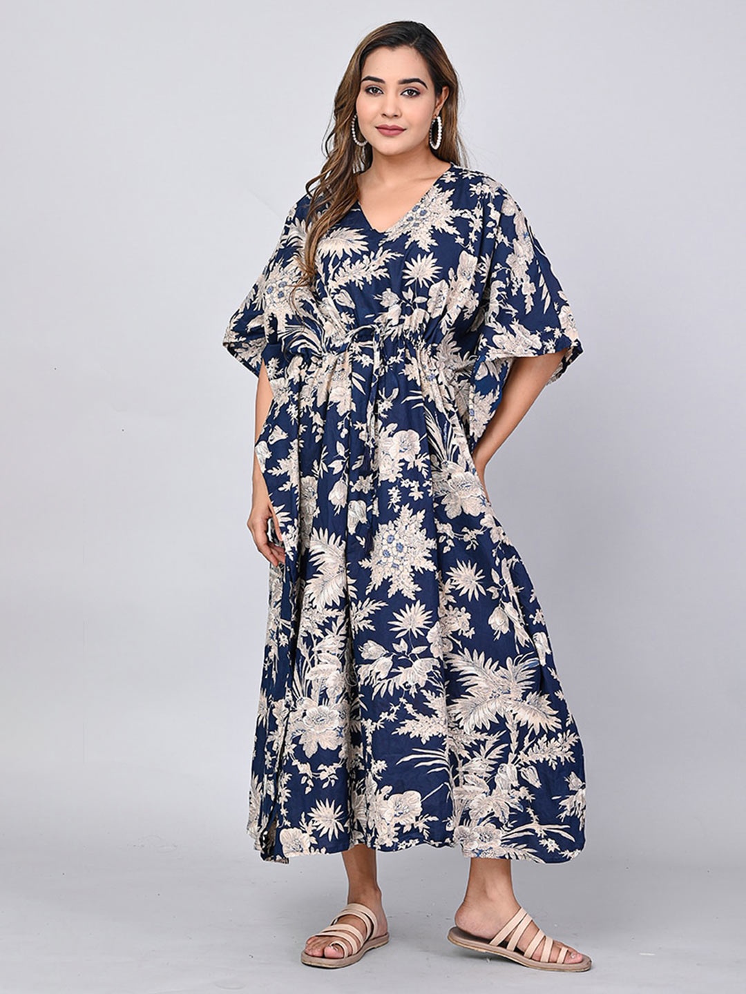 

SHOOLIN Graphic Printed Flared Sleeves Pure Cotton Kaftan Midi Dress, Navy blue