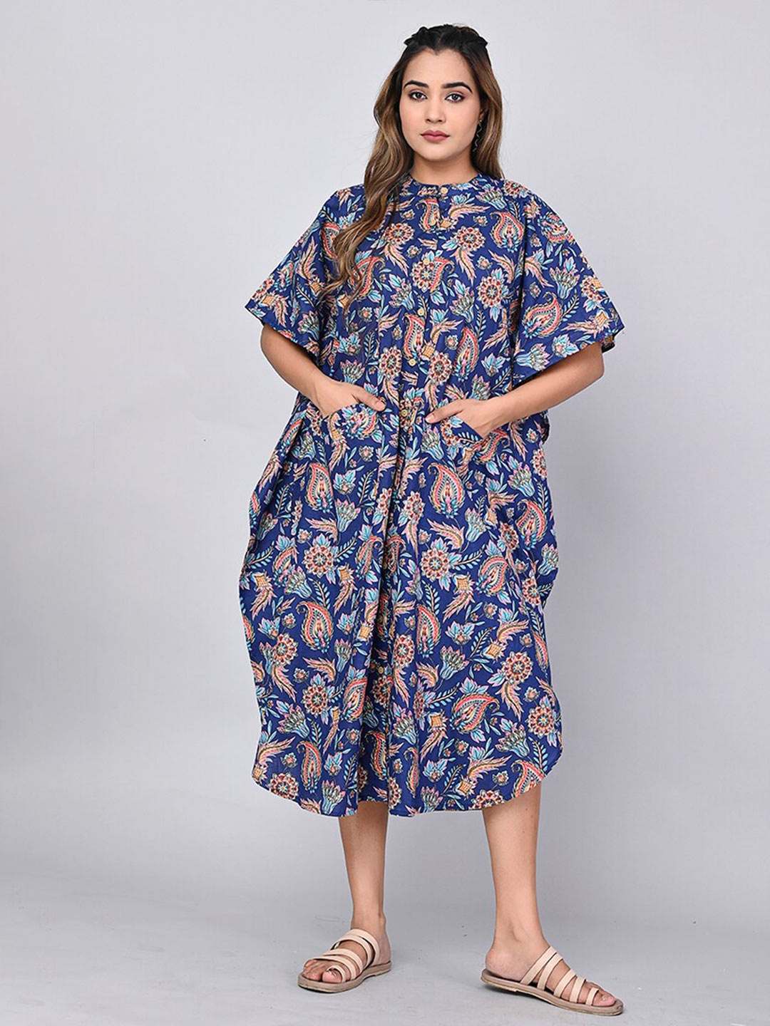 

SHOOLIN Floral Printed Flared Sleeves Cotton Kaftan Midi Dress, Blue
