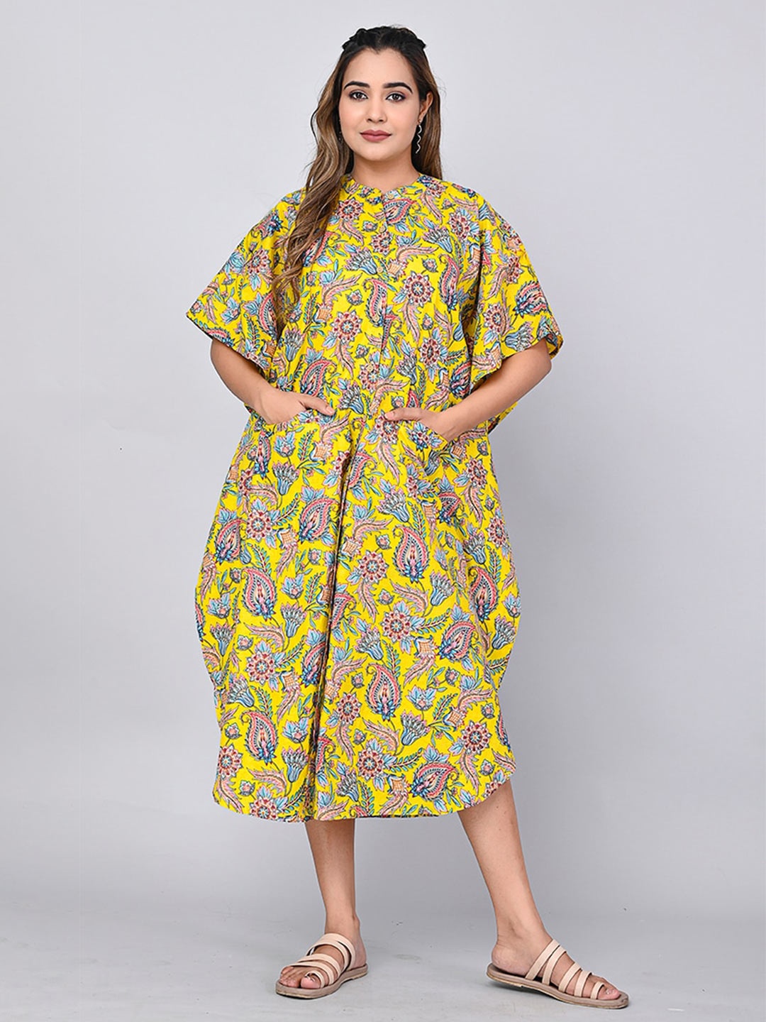 

SHOOLIN Floral Printed Extended Sleeves Cotton Kaftan Midi Dress, Yellow