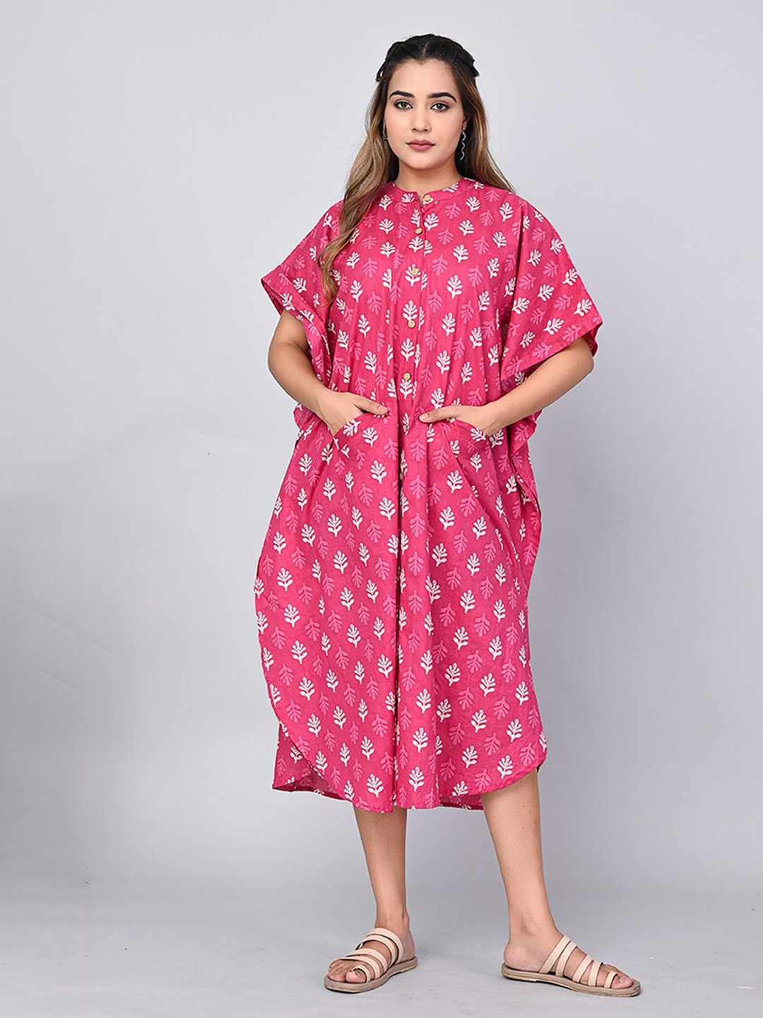 

SHOOLIN Ethnic Printed Extended Sleeves Cotton Kaftan Midi Dress, Pink