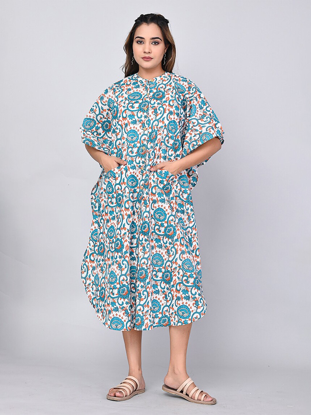 

SHOOLIN Floral Printed Kaftan Cotton Midi Dress, Blue