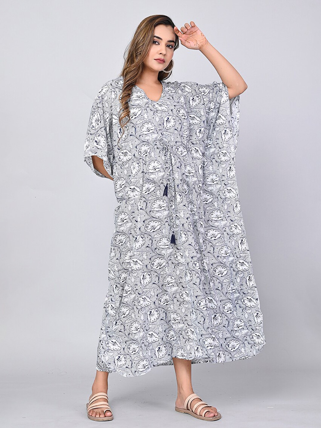 

SHOOLIN Floral Printed Extended Sleeves Cotton Kaftan Midi Dress, Blue