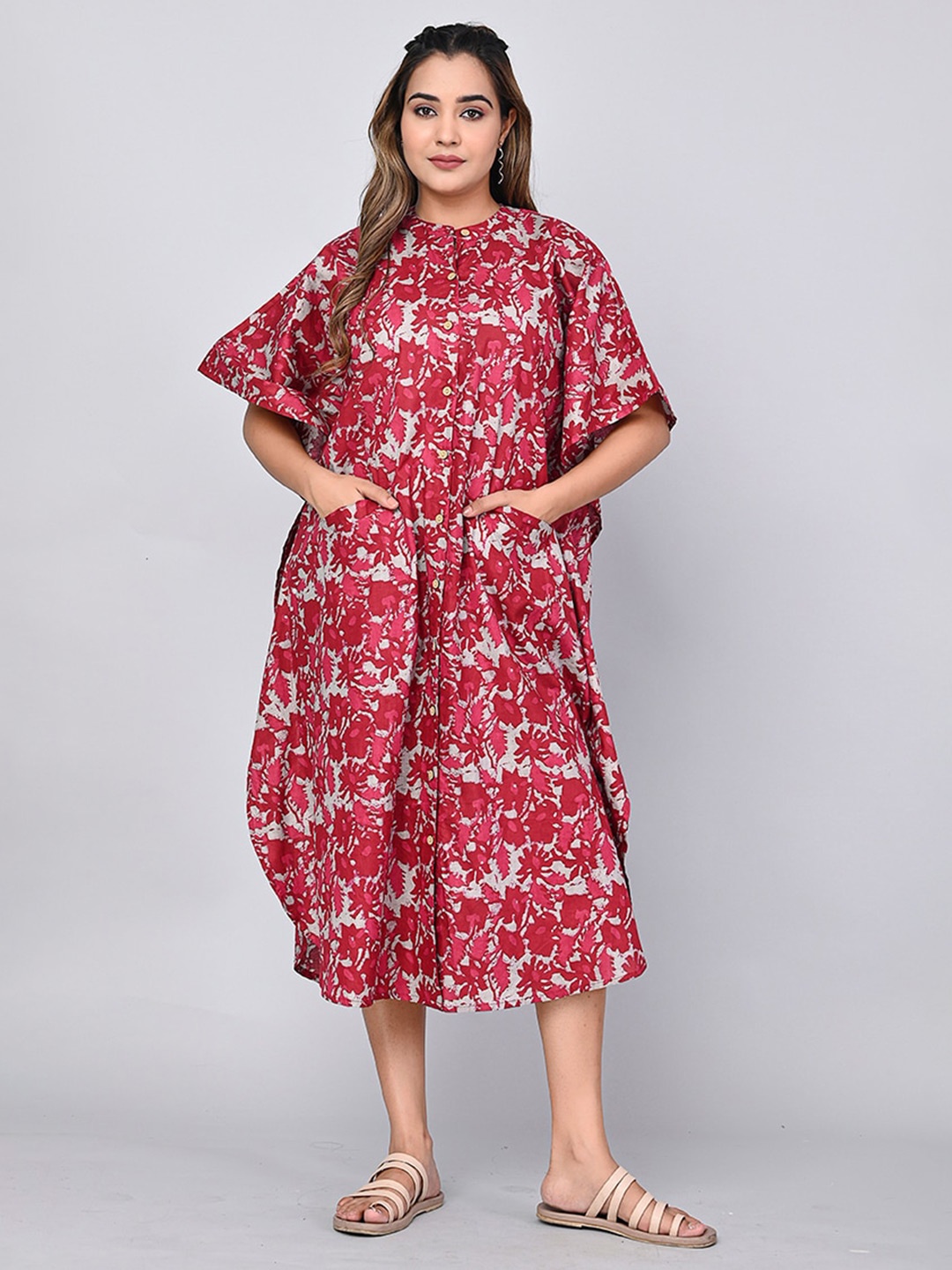 

SHOOLIN Floral Printed Kaftan Cotton Midi Dress, Maroon