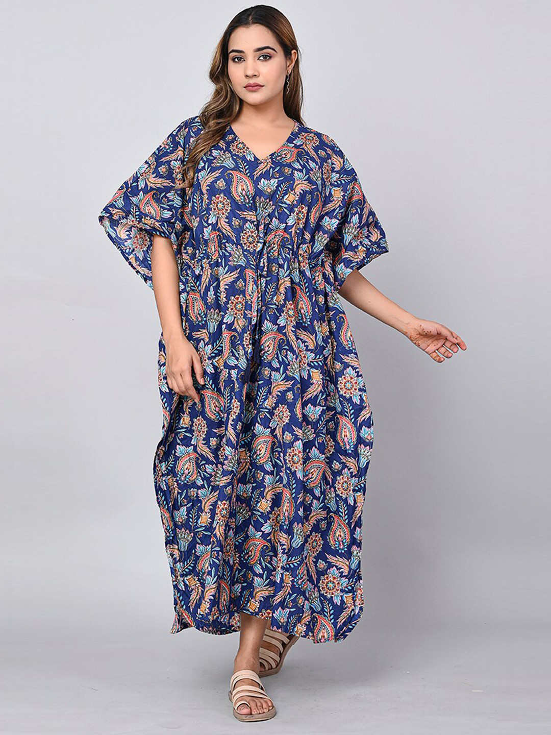 

SHOOLIN Floral Printed Flared Sleeves Cotton Kaftan Midi Dress, Blue
