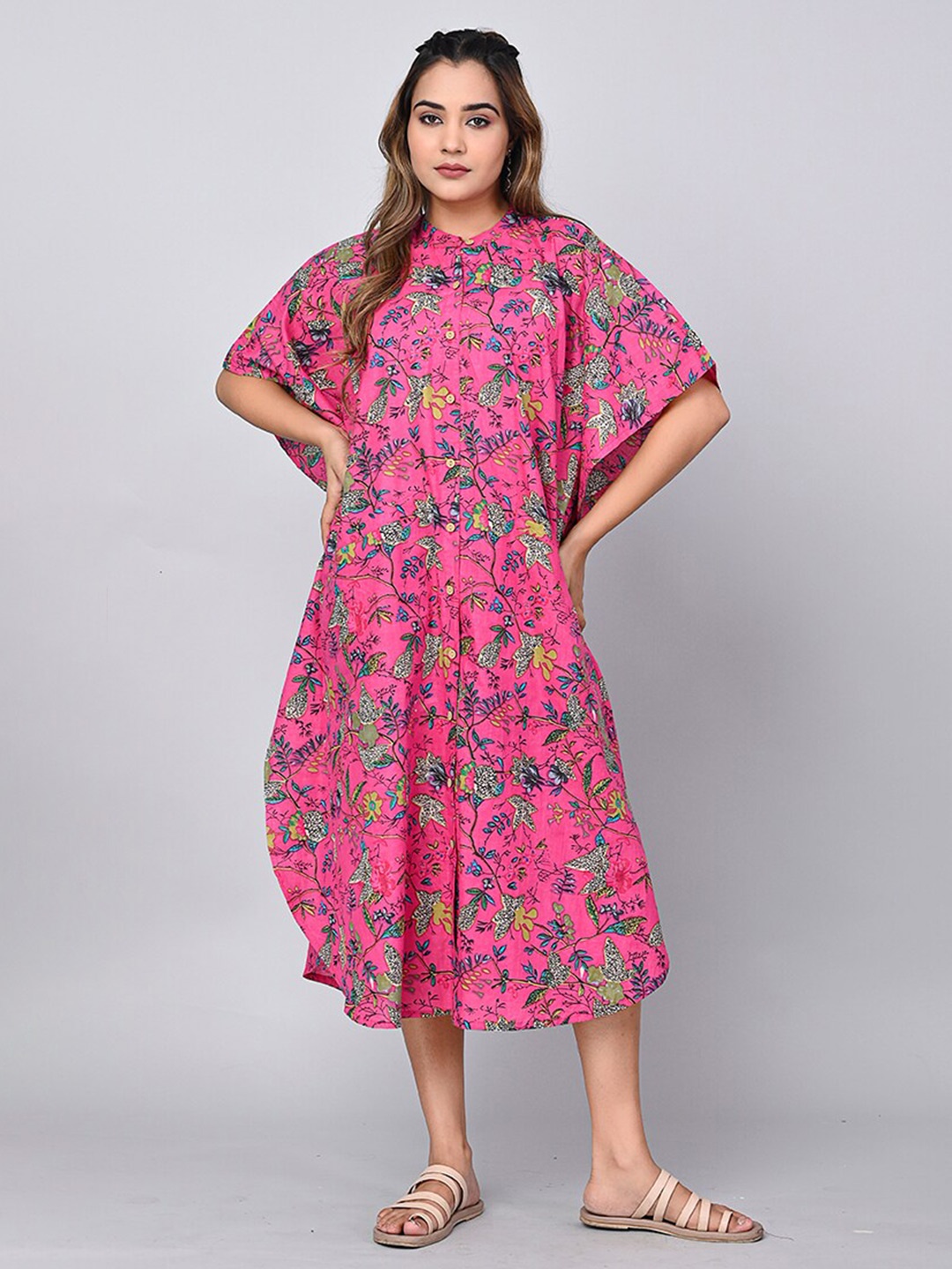 

SHOOLIN Floral Printed Flared Sleeves Cotton Kaftan Midi Dress, Pink