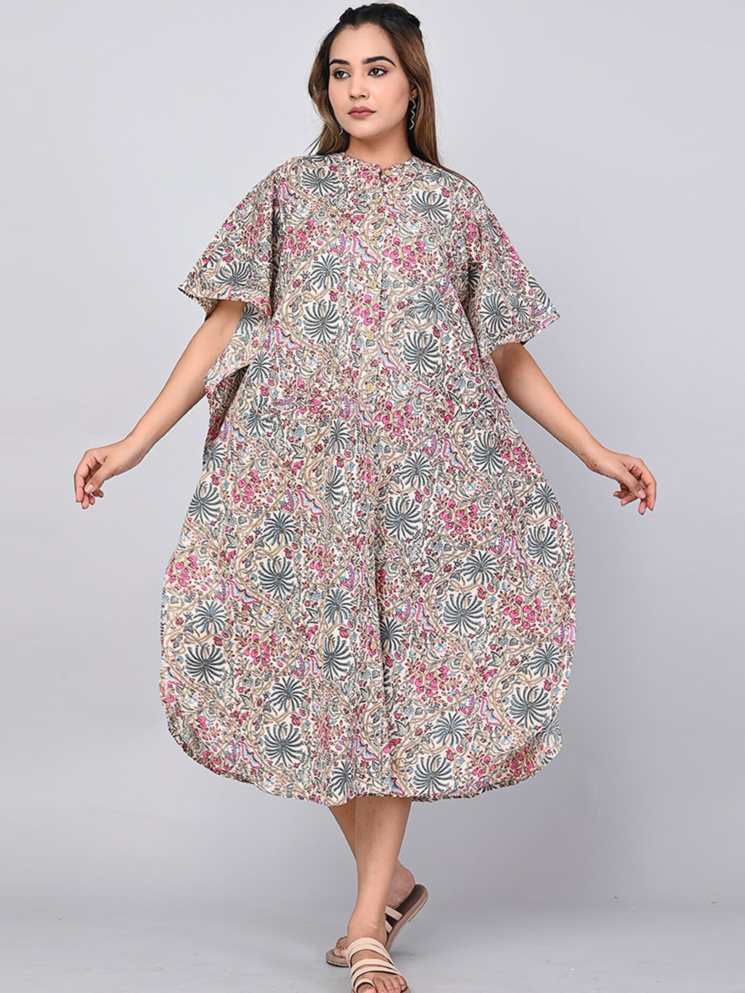

SHOOLIN Floral Printed Flared Sleeves Cotton Kaftan Midi Dress, Beige
