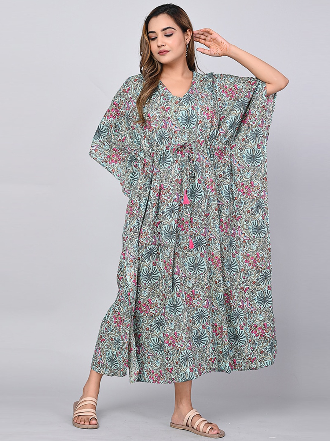 

SHOOLIN Floral Printed Flared Sleeves Pure Cotton Kaftan Midi Dress, Sea green