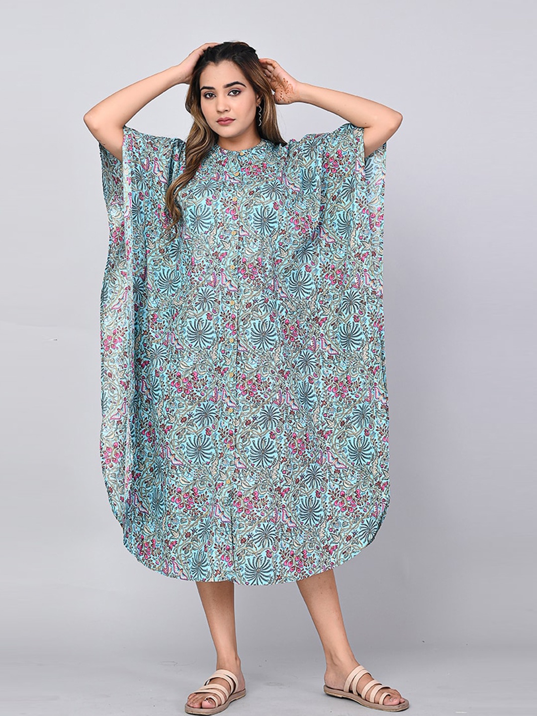 

SHOOLIN Floral Printed Flared Sleeves Cotton Kaftan Midi Dress, Sea green