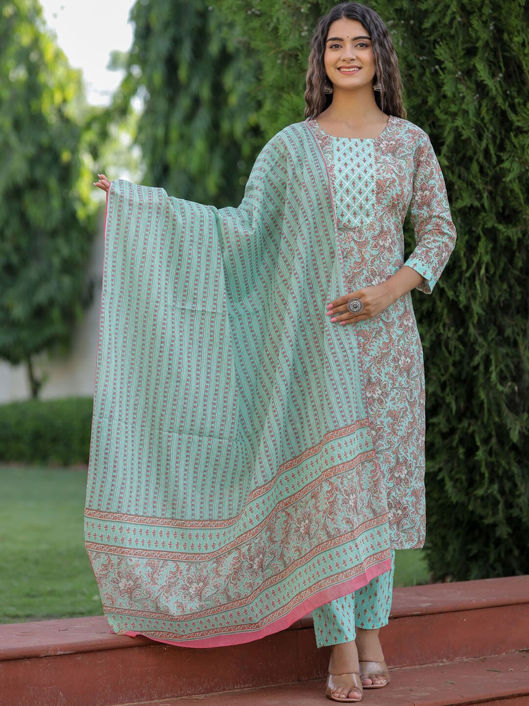 

KALINI Ethnic Motifs Printed Pure Cotton Kurta & Patiala With Dupatta, Teal