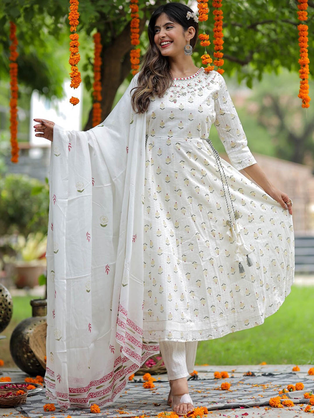 

KALINI Floral Printed Anarkali Kurta with Trousers & With Dupatta, White