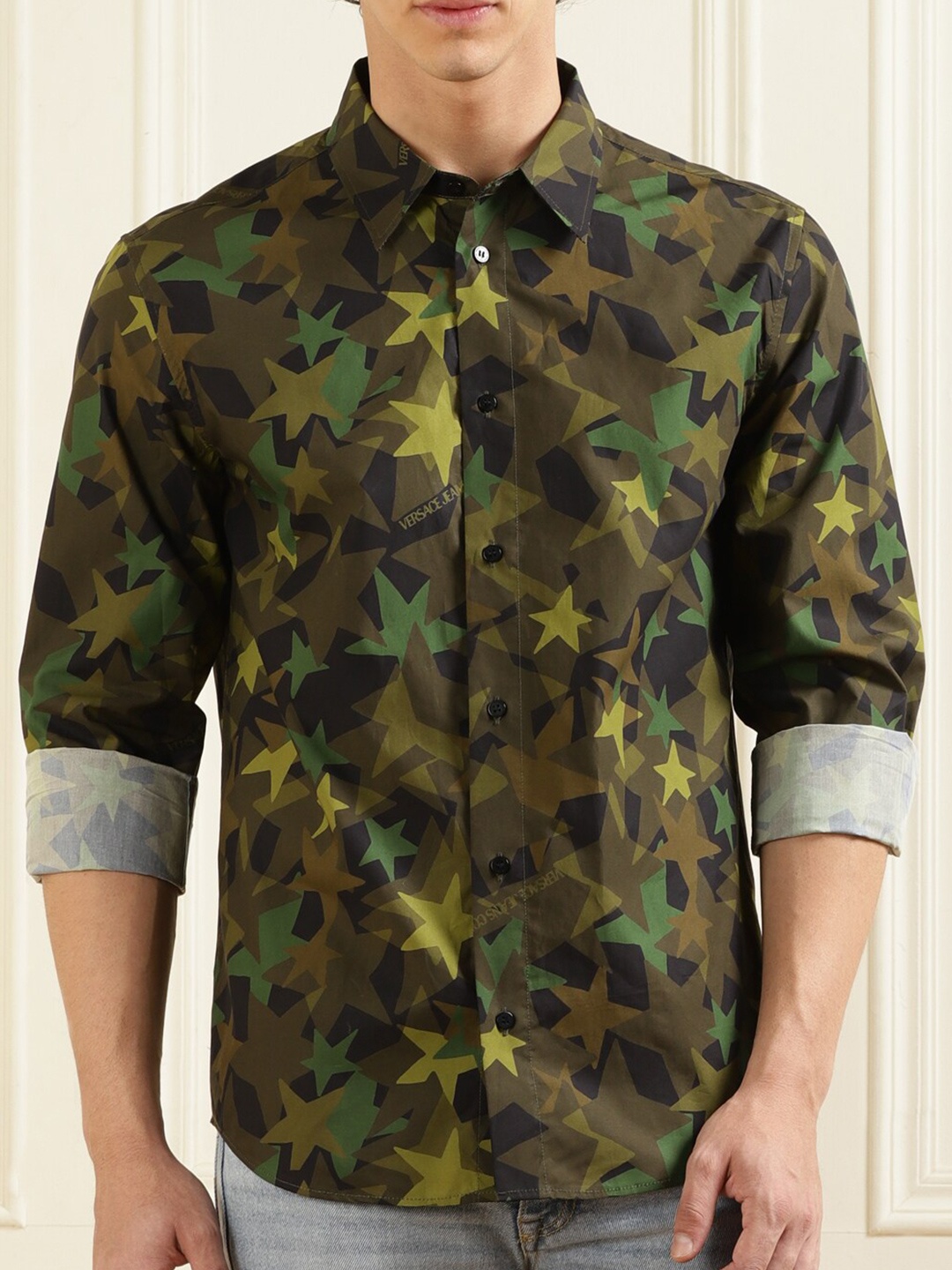 

Versace Jeans Couture Geometric Printed Slim Fit Opaque Pure Cotton Casual Shirt, Olive