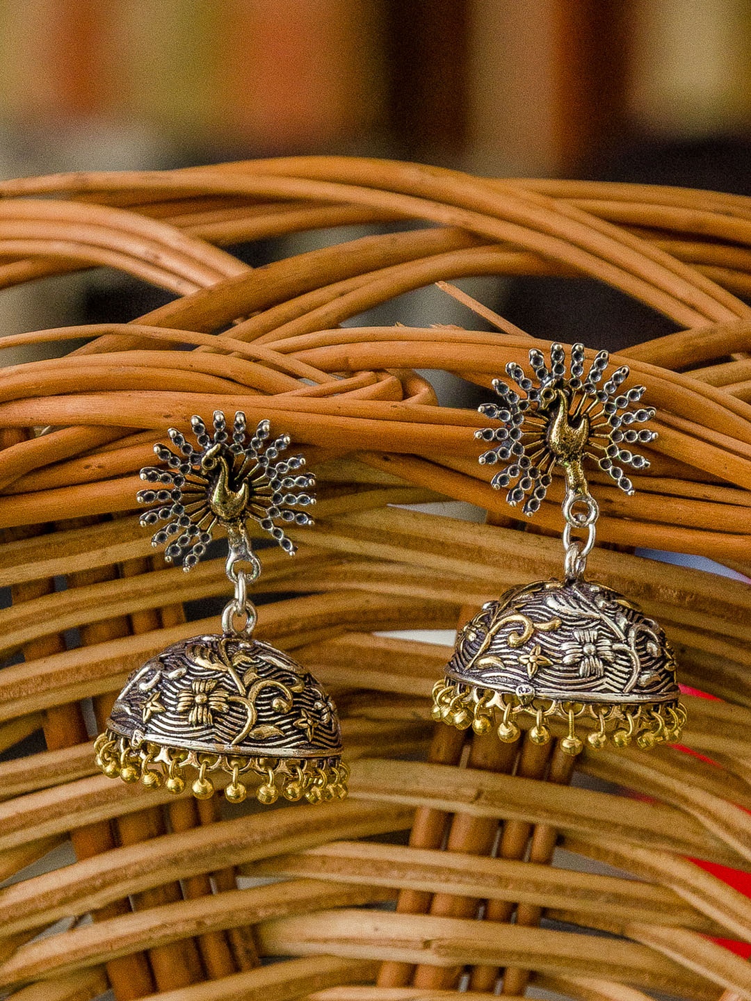 

Priyaasi Silver & Gold-Plated Peacock Shaped Jhumkas