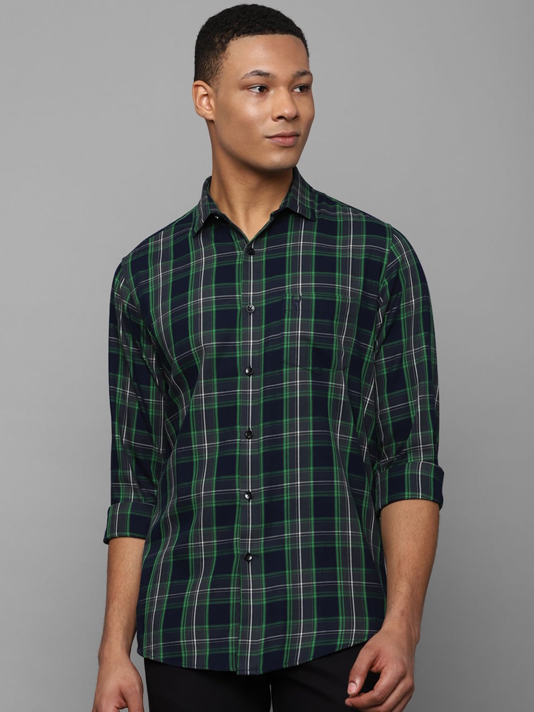 

Allen Solly Slim Fit Tartan Checks Spread Collar Cotton Casual Shirt, Navy blue