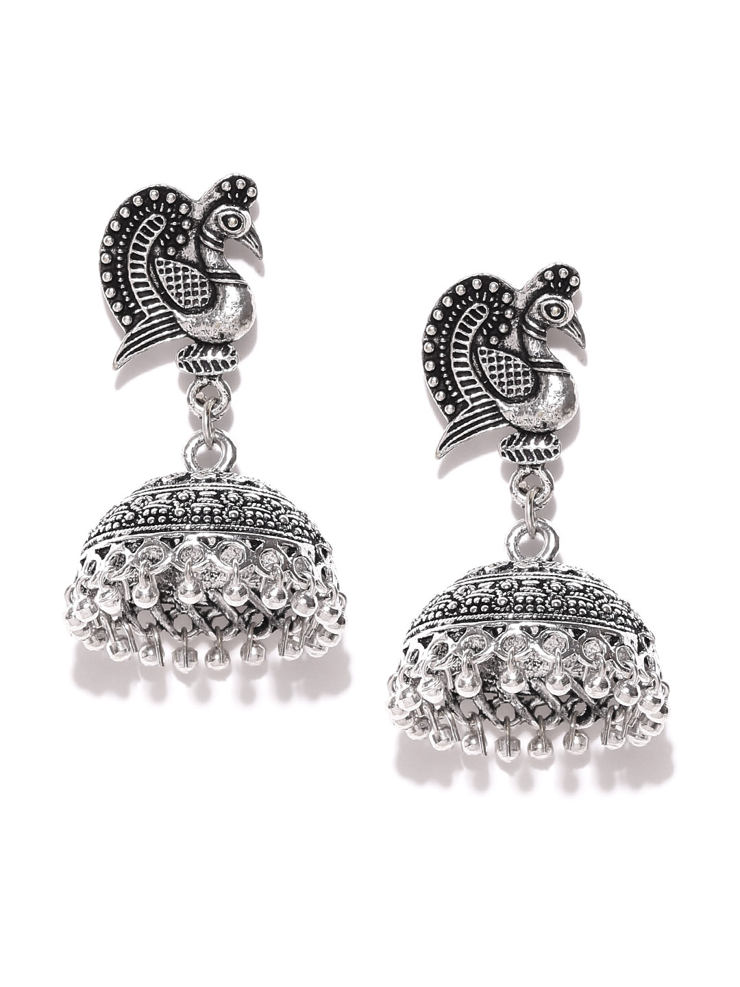 

Priyaasi Oxidised Silver-Plated Peacock Shaped Handcrafted Jhumkas