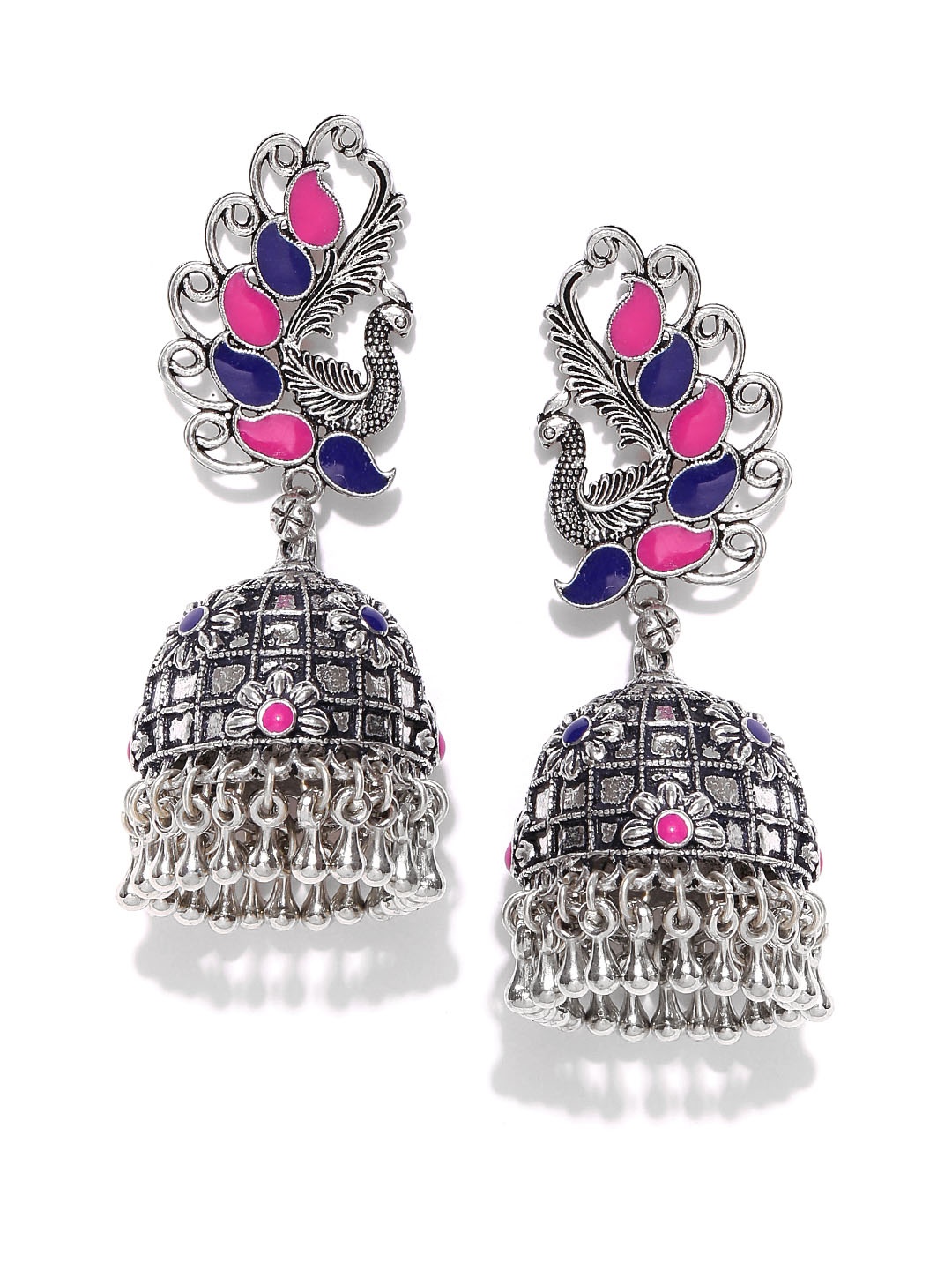 

Priyaasi Oxidised Silver-Plated & Pink Peacock Shaped Jhumkas