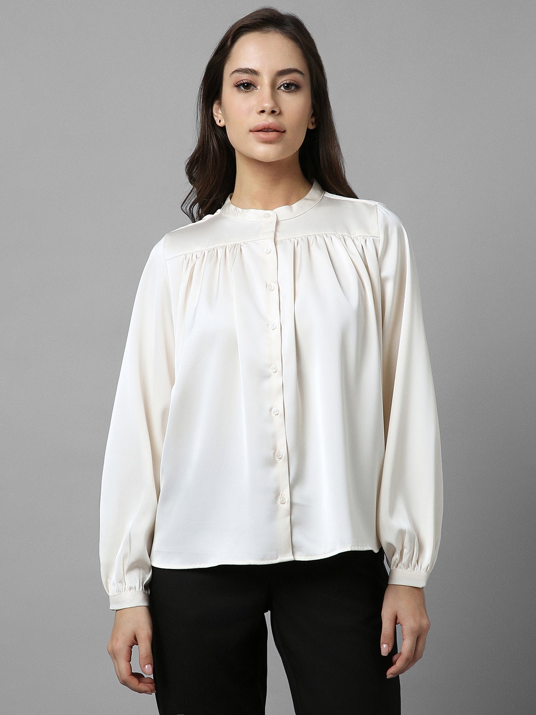 

Allen Solly Woman Mandarin Collar Puff Sleeves Shirt, Cream