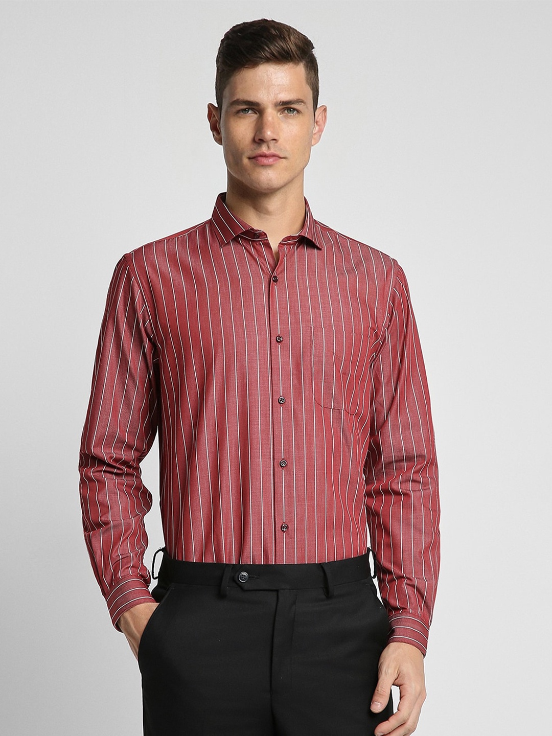 

Peter England Slim Fit Striped Formal Shirt, Red